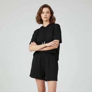 Women’s 2-Piece Lounge Set – Short Sleeve Hoodie Top & Elastic Waist Shorts.